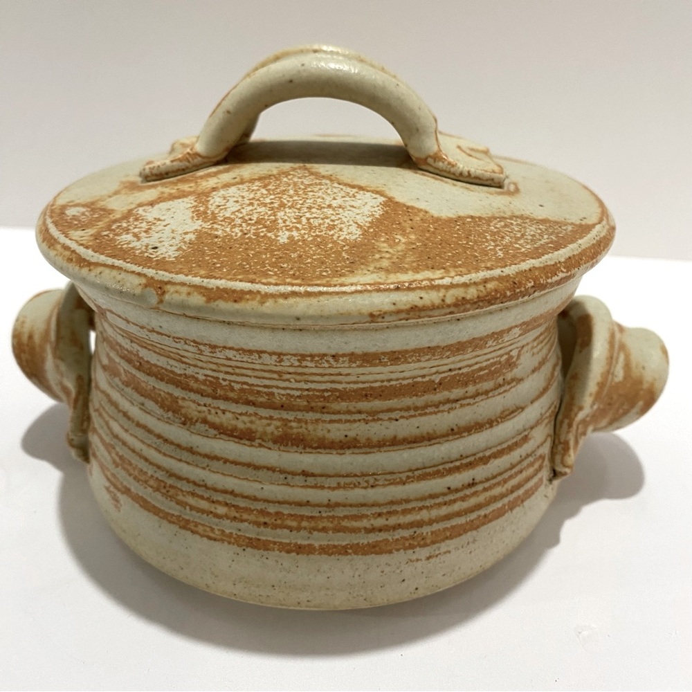 Handmade Studio Pottery Pot Small Crock With Lid and Handles Earth-Tone Signed